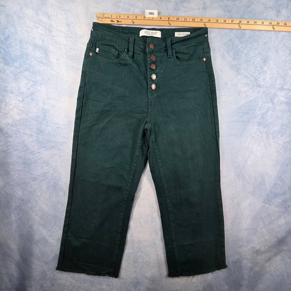Judy Blue Forest Green High Rise Wide Leg Crop Raw Hem Jeans 5/27 JB88104C